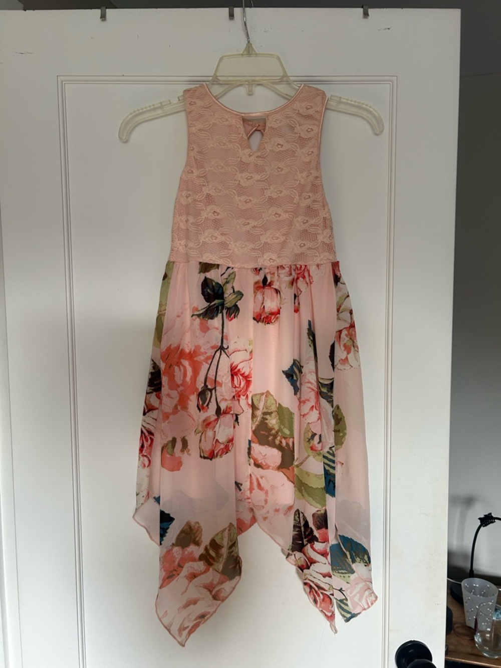 lilt Pink Lace Bodice Floral Handkerchief Hem Dress